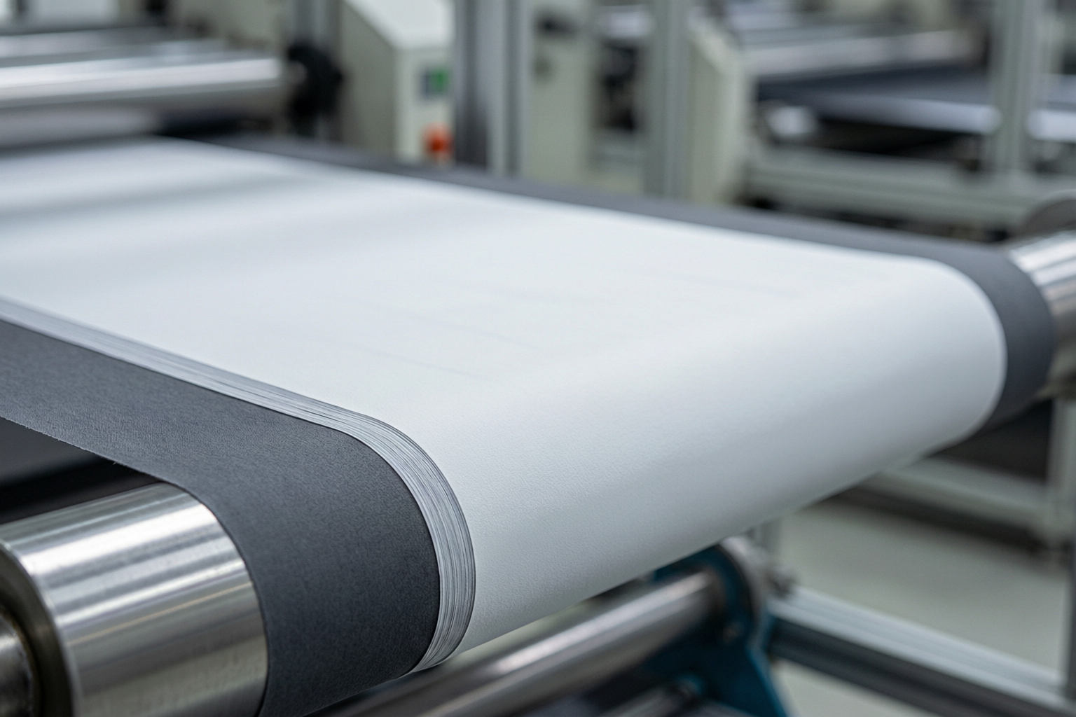 White acrylic coating side of 3-pass blackout fabric on a coating line