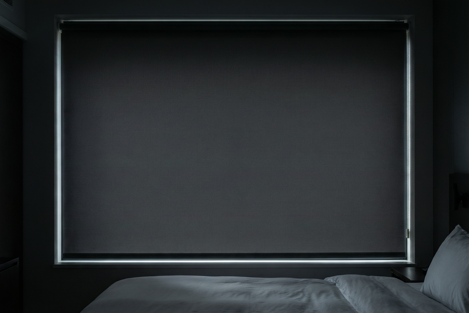 Hotel guest room fully darkened by a blackout roller blind at midday