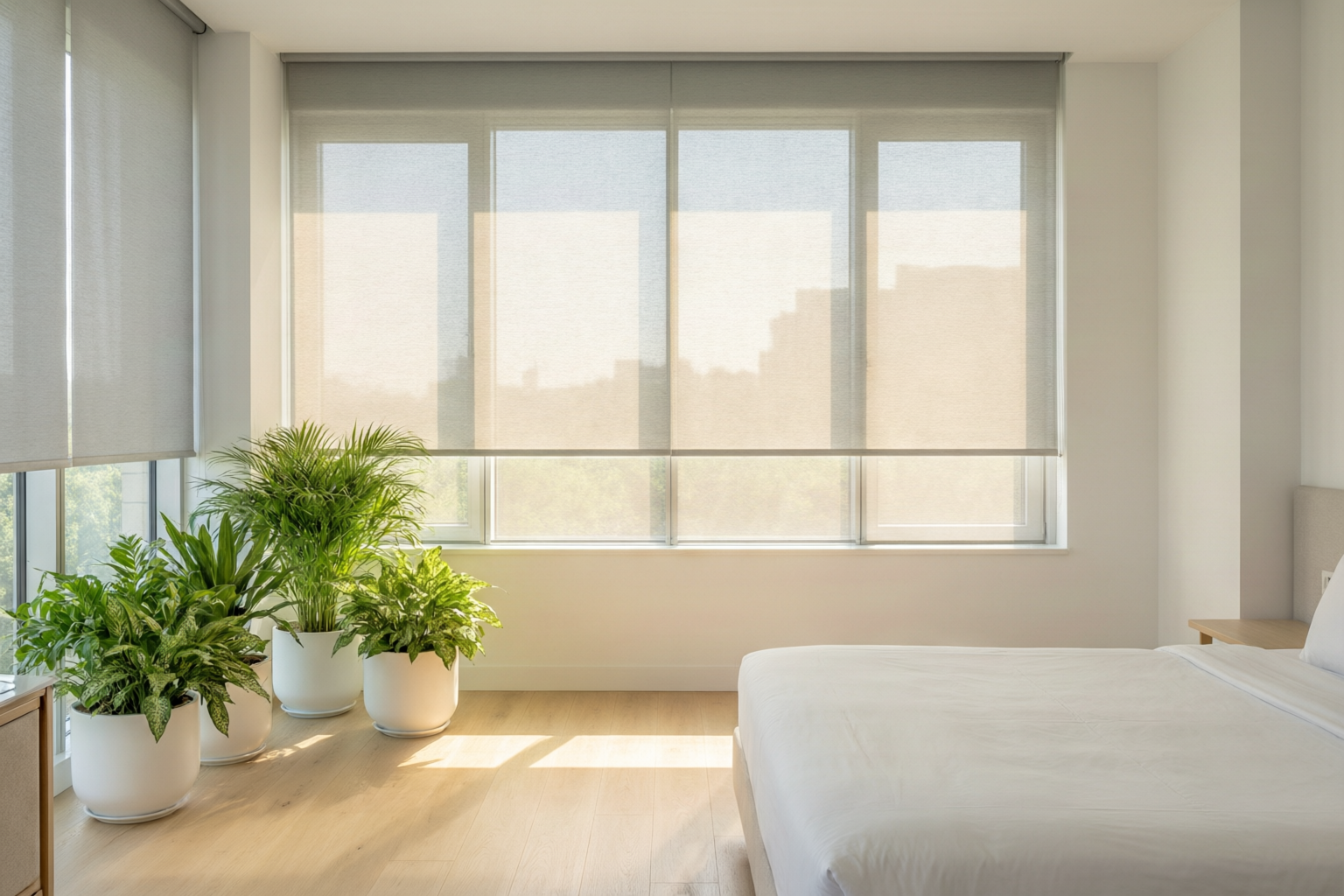 Bright hotel room with roller blinds and plants, healthy indoor air