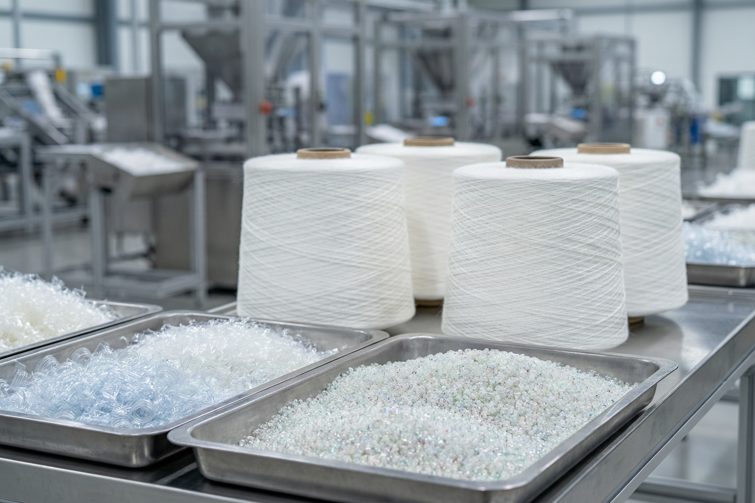 Recycled PET bottle flakes beside spools of recycled polyester yarn