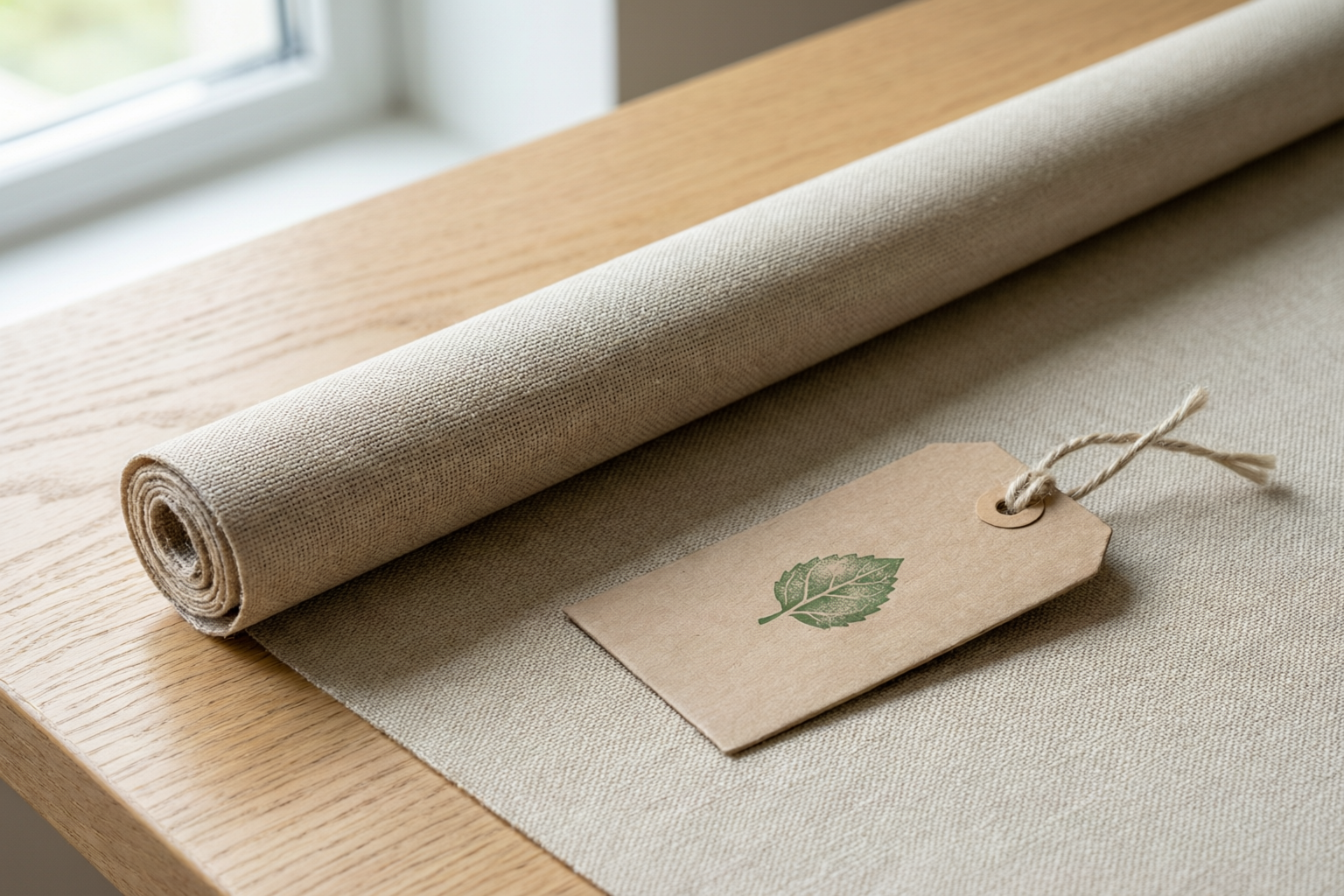 Eco certification hang tags on neutral roller blind fabric swatches