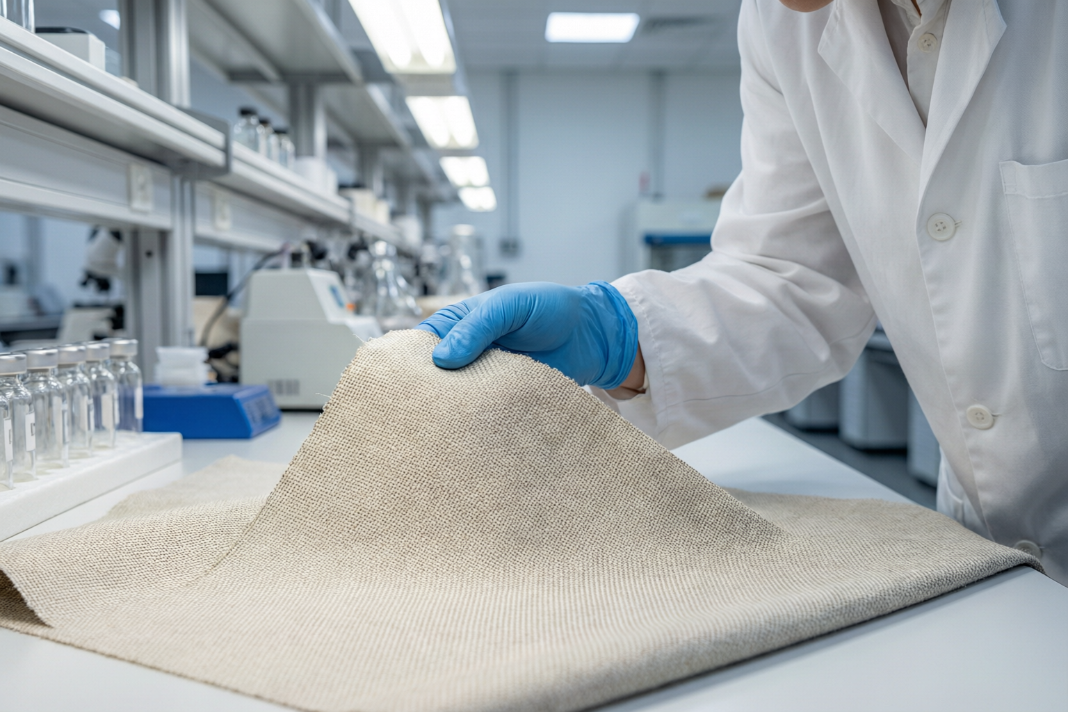 Textile laboratory testing a roller blind fabric swatch for harmful substances