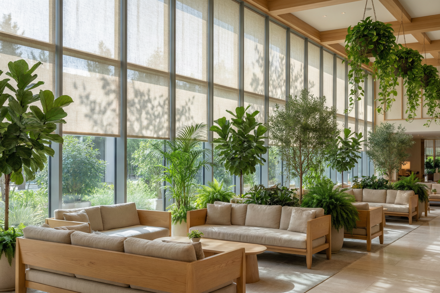 Sustainable hotel lobby with light-filtering roller blinds and indoor plants