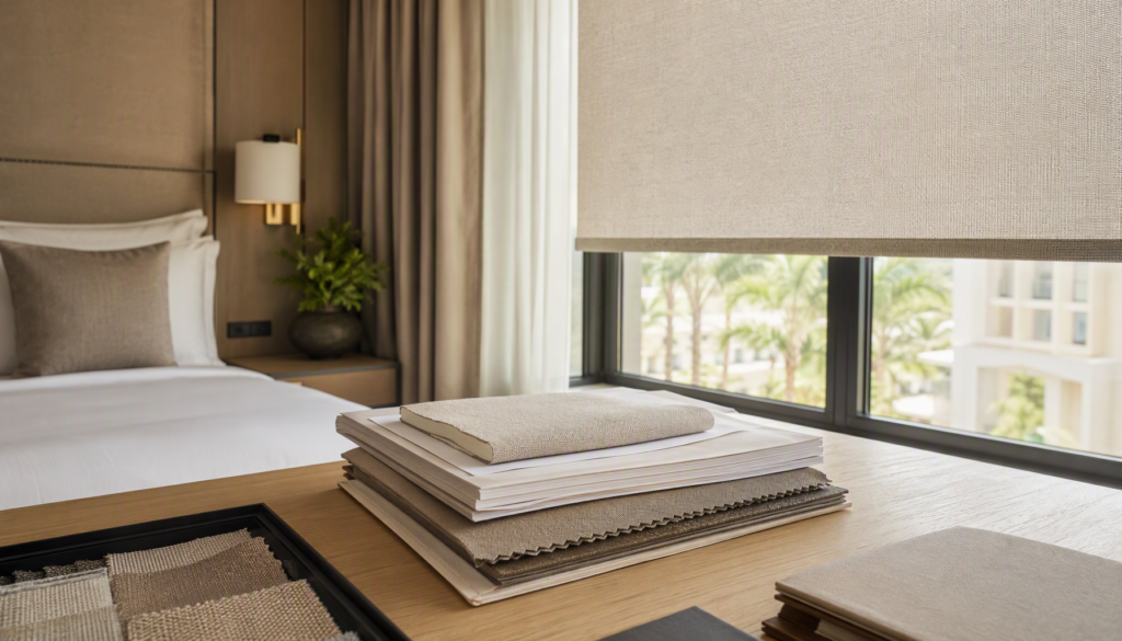 Hotel guest room roller blind fabric with certification documents and swatch samples on a desk