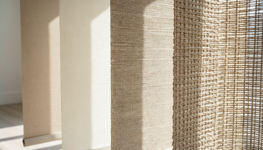 Comparison of roller blind fabrics with different openness factors showing light filtering differences
