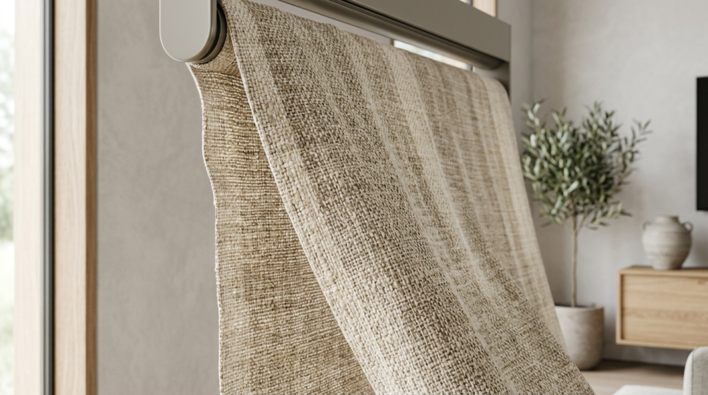 Textured roller blind fabric in warm neutral tones showing dimensional weave pattern