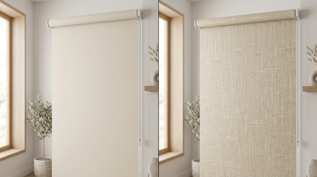 Side by side comparison of textured linen-look blackout fabric and smooth plain blackout fabric